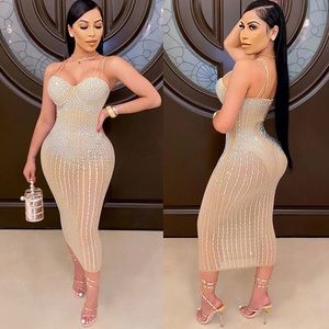 Rhinestone Women Party Dress Spaghetti Strap Sequin See Through Evening Dress